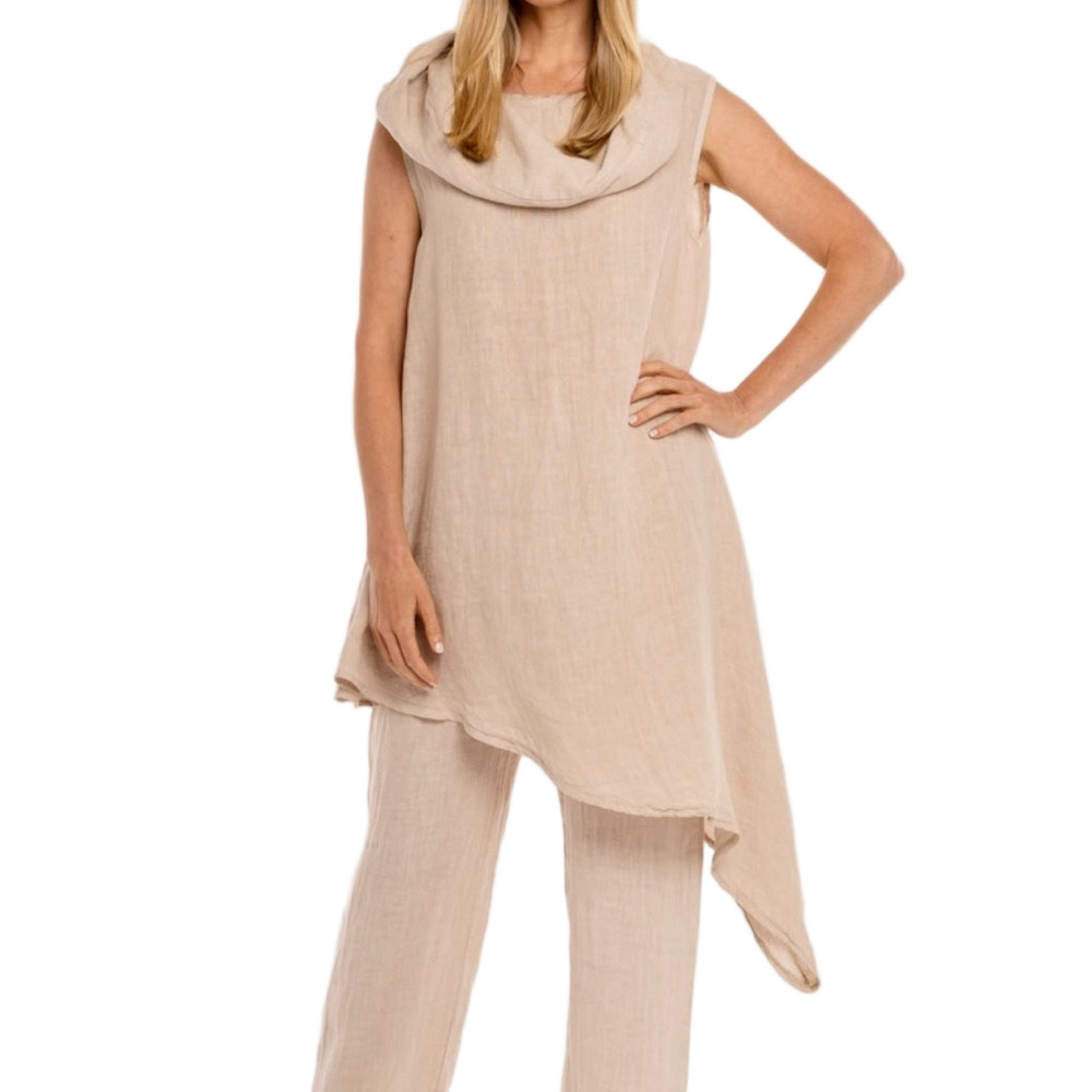Own It Women’s 100% Linen Cowl Neck Asymmetric Hem Tunic Top L Lagenlook Artsy